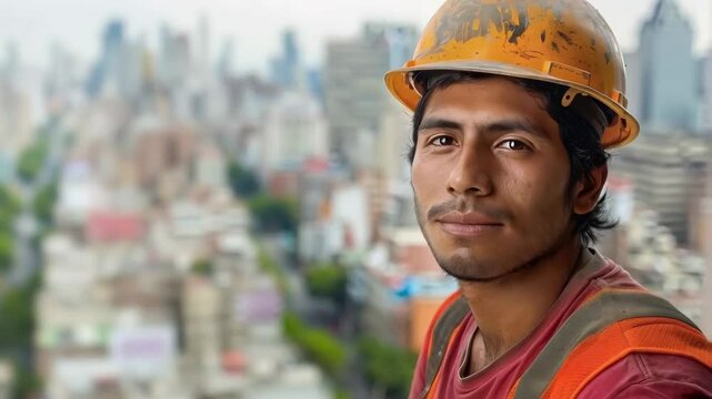 Portrait of construction worker wearing safety helmet looking at camera with cityscape in background