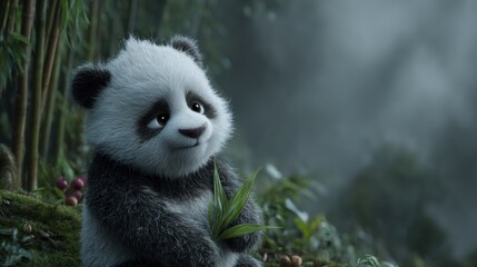 Obraz premium Adorable fluffy panda cub with white-furred face and black-furred ears, shoulders, and arms, holding green bamboo leaves, seated on moss-covered surface surrounded by lush greenery. Tall bamboo stalks