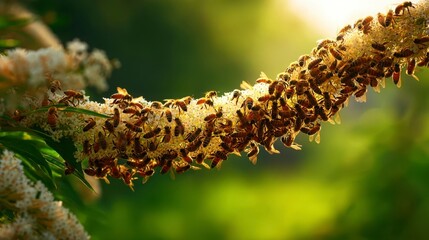 A swarm of bees forming a bridge between flowers, bathed in golden light. Nature's delicate harmony in motion.