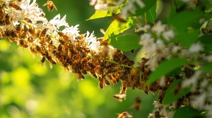 A swarm of bees forming a bridge between flowers, bathed in golden light. Nature's delicate harmony in motion.