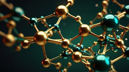 Golden and teal molecular structure.  Complex interconnected spheres and rods.  Dynamic 3D rendering