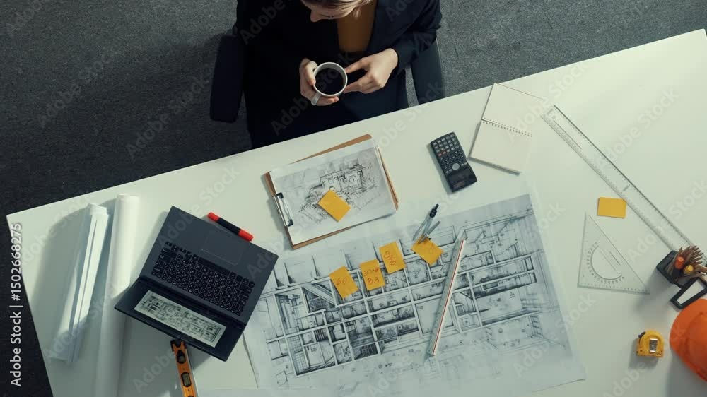 Poster top down view civil engineer writing sticky note and looking at laptop. aerial view architect sittin