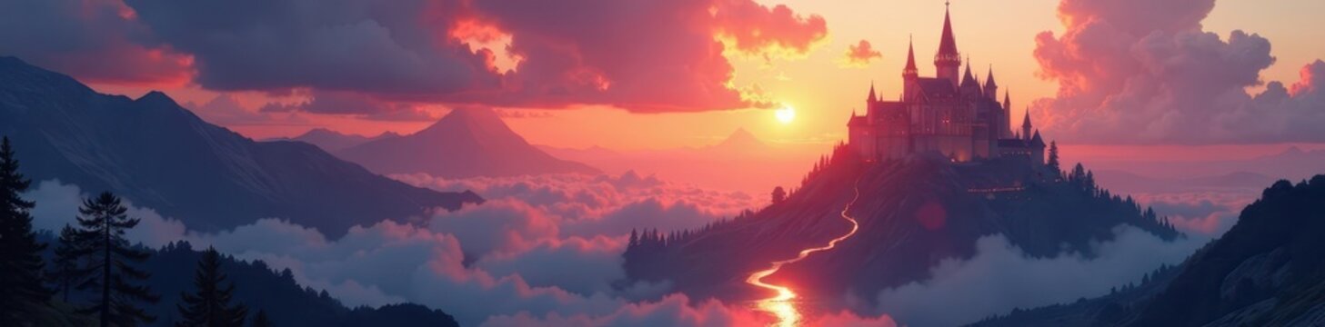 Epic fantasy landscape, majestic castle, glowing sky, mountains, game, landscape