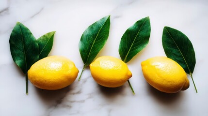 Three fresh lemons with green leaves on marble, a vibrant citrus still life symbolizing freshness and natural beauty.