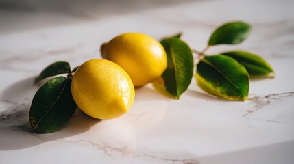 Three fresh lemons with green leaves on marble, a vibrant citrus still life symbolizing freshness and natural beauty.