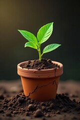 Vibrant green sprout bursts from cracked terracotta pot, soil scattered , emerging, ecology, earth