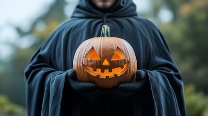 Person in dark robe holding a glowing Halloween pumpkin outdoors Spooky autumn scene