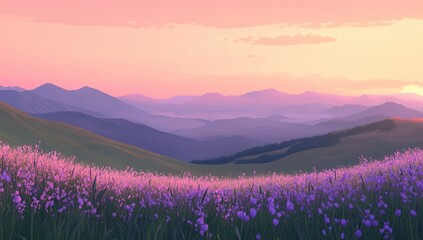 Fototapeta premium Sunset over purple mountain flowers