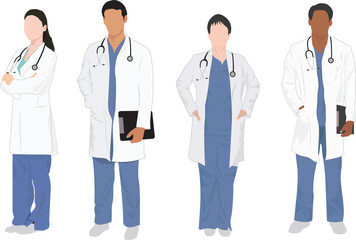 Group of Doctors standing together to give their pose. Professional Healthcare standing vector illustration. Professional Dotors cartoon characters.