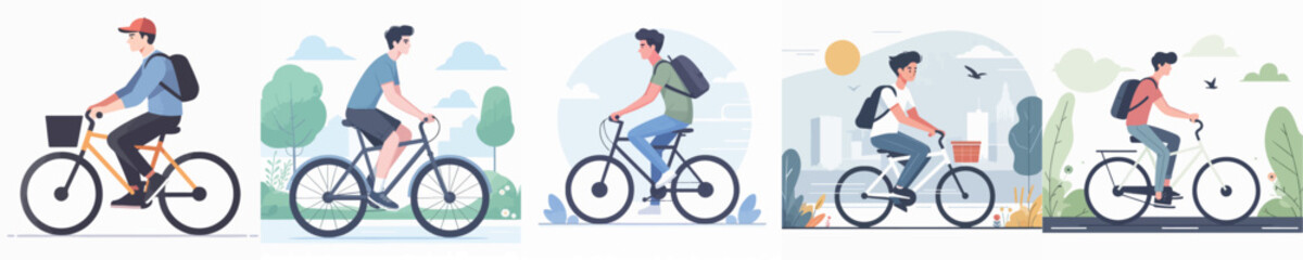 vector of a young man riding a bicycle