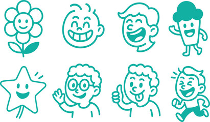 Funny hand drawn cartoon animal and people faces icon set vector illustration