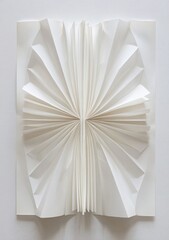 A white paper sculpture with symmetrical, fan-like folds radiating outward from a central point