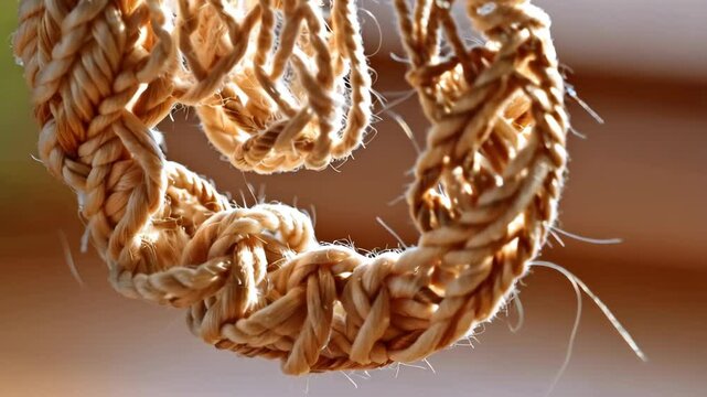 Close up view of braided beige rope woven into a circular shape with light shining through the weave, natural fiber texture visible