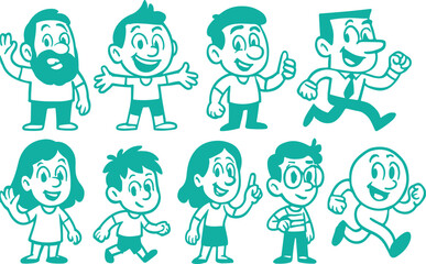 Funny cartoon characters group of kids and adults in various professions and styles