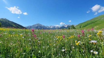 Fototapeta premium Vibrant Wildflower Meadow Against Majestic Mountain Range