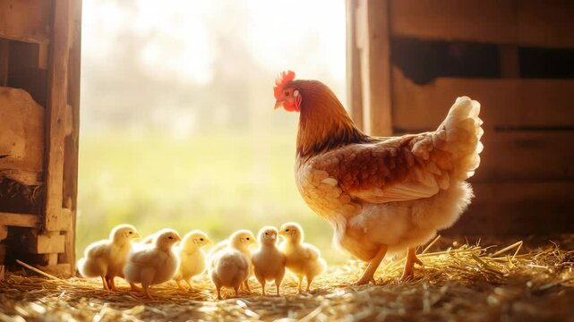 Maternal red hen guarding newly hatched chicks, nestled amid golden straw with warm sunlight filtering through chicken coop doorway, embodying nurturing rural farm life