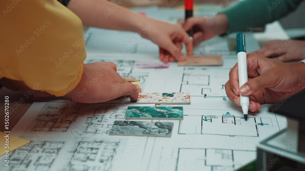 Poster a vibrant workspace where individuals engage collaboratively in planning and design. various hands i