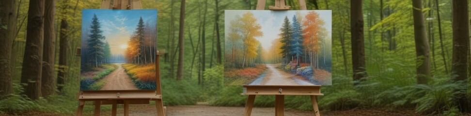 A painter's easel stands on a forest path, canvases and brushes scattered nearby , mystery, green