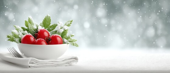 Fresh red tomatoes in a white bowl with a fork on a wooden table, natural light, close-up view.