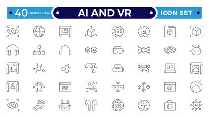 AI and VR outline icon set. Containing robot, artificial intelligence, innovation, smart city, robotics, humanoid, hologram, digital world, high-tech and automation. Editable stroke outline icon.
