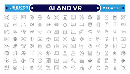 AI and VR outline icon set. Containing robot, artificial intelligence, innovation, smart city, robotics, humanoid, hologram, digital world, high-tech and automation. Editable stroke outline icon.
