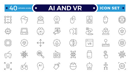 AI and VR outline icon set. Containing robot, artificial intelligence, innovation, smart city, robotics, humanoid, hologram, digital world, high-tech and automation. Editable stroke outline icon.
