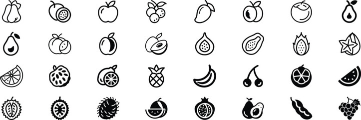 icon set of fruits, Fruits - thin line web icon set. Outline icons collection. Diverse Collection of Minimalist Outline Fruit Icons for Healthy Food, vegetables and berries.