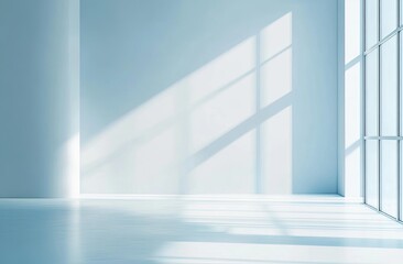 Fototapeta premium Sunlight streams through a large window in a white room, illuminating the floor