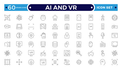 AI and VR outline icon set. Containing robot, artificial intelligence, innovation, smart city, robotics, humanoid, hologram, digital world, high-tech and automation. Editable stroke outline icon.
