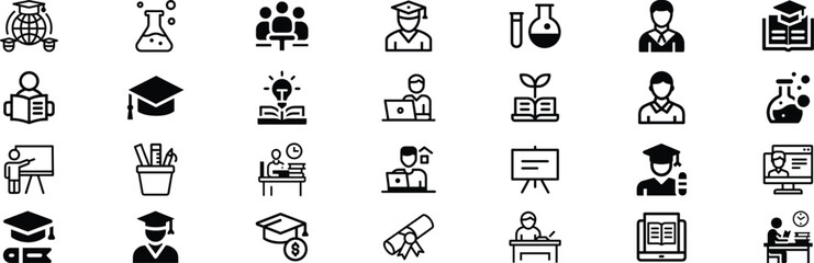 Education and Learning Icon Set: From Global Knowledge to Online Study, Graduation, and Academic Achievement - Featuring Icons for E-learning, Chemistry, Group Study, Student Profiles, Laboratory