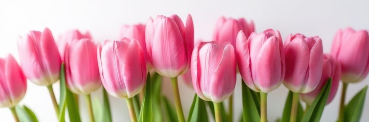 Close-up of pink tulips on white, soft petals , spring flowers, flower arrangement, isolated