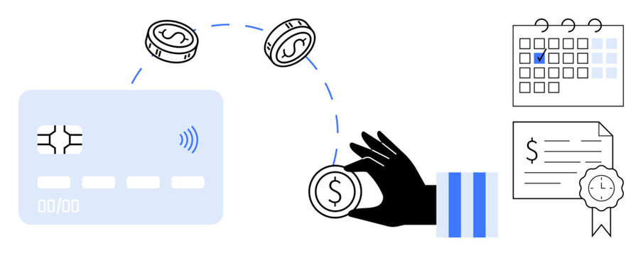 Credit card with contactless payment, coins, calendar with selected date, and financial document. Ideal for finance, budgeting, transactions, cashless payment planning savings investments. Flat