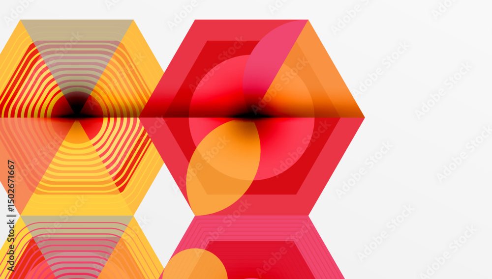 Poster Abstract geometric composition. Hexagons, circles overlap creating vibrant color gradients. Modern design, dynamic visual effect.