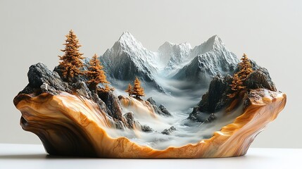 Miniature Mountain Landscape Sculptures in Wood and Stone, 32k Resolution