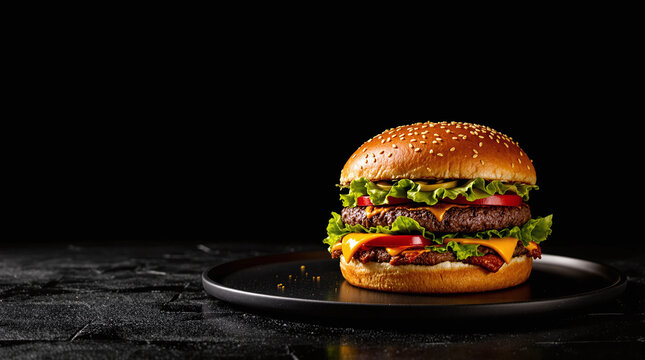 Juicy burger on black plate against dark background with text space. Fast food advertising concept, restaurant menu, delivery