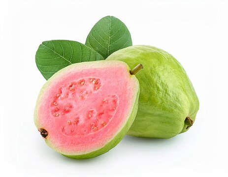 Fresh Guava Fruit with Pink Flesh and Green Skin Sliced and Whole with Leaves Isolated on White Background