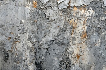 A weathered concrete wall with peeling paint, revealing a base layer of gray and hints of yellow