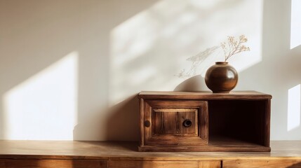 Vintage wooden cabinet with empty vase, soft light and long shadows, minimalist interior with copy space, conveying calm simplicity