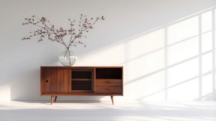 Vintage wooden cabinet with empty vase, soft light and long shadows, minimalist interior with copy space, conveying calm simplicity