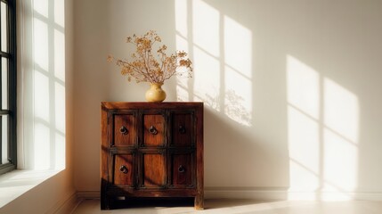 Vintage wooden cabinet with empty vase, soft light and long shadows, minimalist interior with copy space, conveying calm simplicity