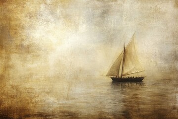 A weathered sailboat glides across a calm sea, bathed in soft, golden light, against a backdrop of a hazy, muted sky