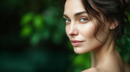 Woman with radiant skin, serene expression, embodying natural beauty and tranquility