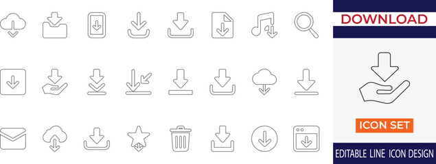 Minimal line “Download Icon Set” with arrows, cloud sync, file transfer, data save, and digital storage symbols for UI, apps, and workflow tools.