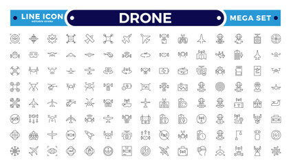 Drone vector outline icon set. Contains linear outline icons like Quadcopter, Propeller, Remote Control, Radar, Camera, Battery, Delivery, Copter. Editable stroke outline icon.
