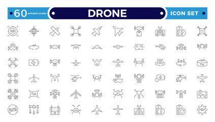 Drone vector outline icon set. Contains linear outline icons like Quadcopter, Propeller, Remote Control, Radar, Camera, Battery, Delivery, Copter. Editable stroke outline icon.
