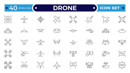 Drone vector outline icon set. Contains linear outline icons like Quadcopter, Propeller, Remote Control, Radar, Camera, Battery, Delivery, Copter. Editable stroke outline icon.
