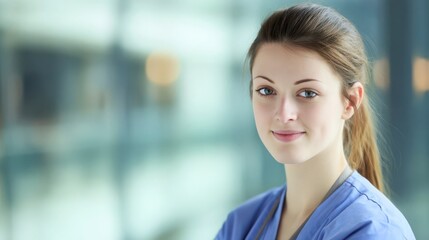 Young nurse smiling warmly, compassion in her eyes, embodying care and dedication in healthcare.