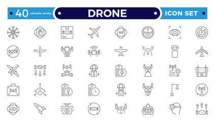 Drone vector outline icon set. Contains linear outline icons like Quadcopter, Propeller, Remote Control, Radar, Camera, Battery, Delivery, Copter. Editable stroke outline icon.
