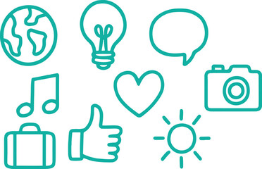 Mail icon, envelope, message, idea, fire, location, beg, star, camera, love symbol isolated on transparent background, email PNG