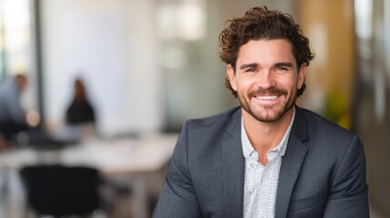 Young man smiling confidently in professional attire, conveying success and self-assurance in a modern workplace.